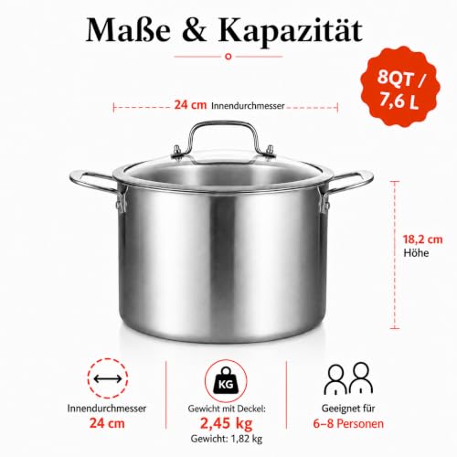 DELARLO Kochtopf Induktion 24 cm, 7,6 L Edelstahl Fleischtopf mit Deckel – Ansicht 5