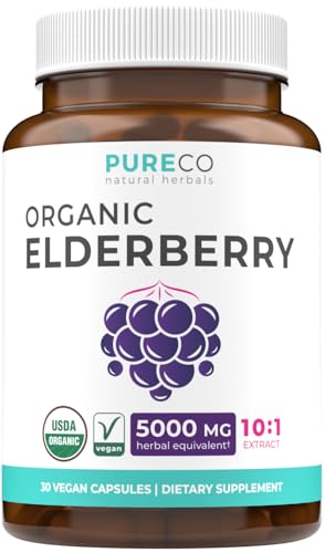 Organic Elderberry Capsules - 10:1 Extract Equals 5,000mg of Fresh Elderberries (Vegan) for Immune Support, Allergy, Sinus Relief - Sambucus Nigra - Black Elderberry - 30 Caps (No Pills or Gummies)