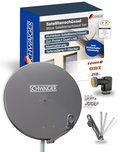 SCHWAIGER Satellitenschüssel Komplettset - Ø 88 cm Aluminium Offset Antenne in Anthrazit - Inkl. Quad LNB 4-Fach - Digital HD & 4K Empfang - Integrierte Kabelführung & wetterfest
