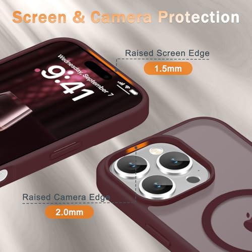 Image of YENAPOON for iPhone 16 Pro Max Case, Matte Magnetic Phone Cover [with 1 Screen Protector] [Support for MagSafe] [Shockproof Military Grade Protection] Translucent Frosted Back, Wine Red
