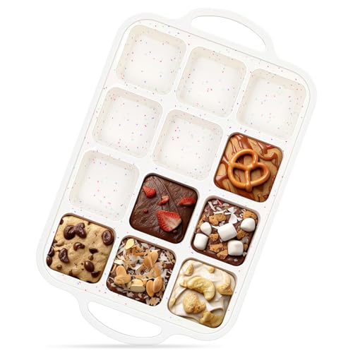 Vinino Silicone Brownie Pan with Dividers, 1 Pack Mini Loaf Pan for Baking Individual, Nonstick 12 Cups Square Muffin Cupcake Pans with Metal Reinforced Frame-Cream