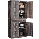 YITAHOME 72'' Tall Kitchen Pantry, Farmhouse Kitchen Storage Cabinets with Barn Doors, Drawer and Adjustable Shelves, Freestanding Wood Cupboard for Dining Room, Bathroom, Dark Rustic Oak