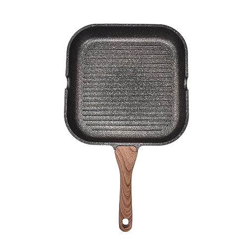 HERCHR Cast Iron Grill Pans for Stove Tops, Non-Stick Grill Pan with Wooden Handles Pre-Seasoned Skillet Pan, Griddle Pan for for Grilling, Frying, Sauteing(24cm)