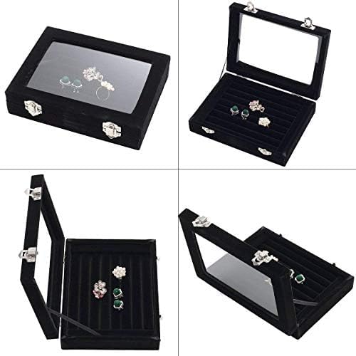 Jewelry Box Rings Organizer Tray 7 Slots Velvet Jewelry Earring Storage Box With Transparent Lid Jewelry Display Case for Girls Women (Black) thumbnail