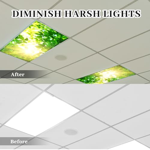 Image of Hortsun 4 Pack 4 x 2 Feet Fluorescent Light Covers, Magnetic Light Filters for Classroom Ceiling, Decorative Lights Shade for Office Home Hospital(Green Leaves)