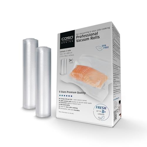 CASO Linea 6 Stelle Sacchetti Sottovuoto Goffrati per Alimenti, 2 rotoli 20x600 cm per tutti i tipi di macchine sottovuoto, molto resistenti e anti-strappo, Sous Vide, 150 µm, senza BPA