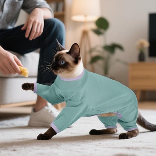 DENTRUN Cat Clothes for Hair Control with Hair Sticky Fabric - Soft Recovery Suit & Breathable Lint-Resistant Cat Sweater for Cats Only, Kitten Onesie Pajamas, S, Bean Green - Thumbnail 7
