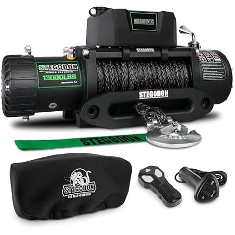 STEGODON Winch 13000lb Electric Winch 12V Waterproof Electric Winch Synthetic Rope Winch with Wireless Handheld Remote and Corded Control, Synthetic Rope Winch with Winch Cover Cover