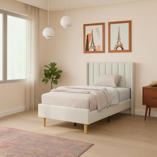 Image of Wooden Upholstered Bed Single Size Without Storage | Wrought Iron Single Size Cot with Headboard | Upholstered Bed for Bedroom | Palang Furniture for, Living Room, White, (White)