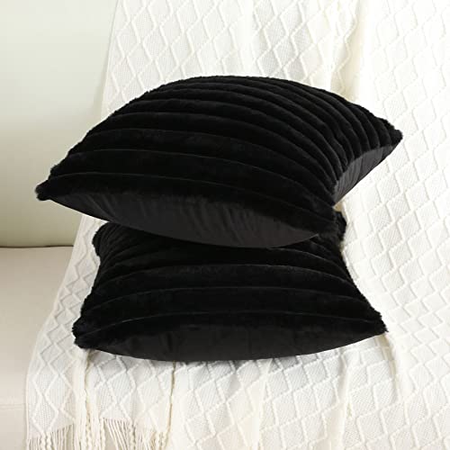 Futei Black Striped Throw Pillow Covers 20X20 Inch Set Of 2,Square Cushion Case,Home Decorative Couch Pillow Cover,Soft Cozy Faux Rabbit Fur & Velvet Back,Modern Neutral Decor For Bed,Sofa #TOP4