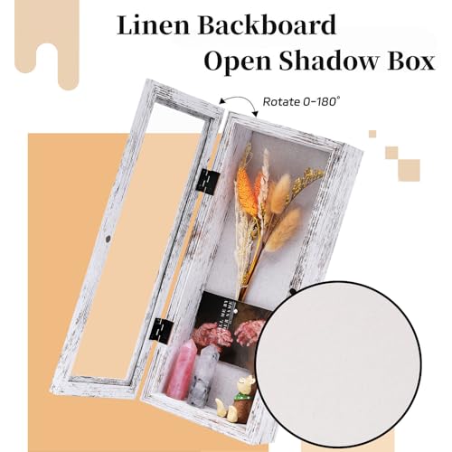 Muzilife 12.5x5 Shadow Box Picture Frame - 2.16" Deep Wood & Glass Display Case Ready to Hang Memory Box Baby Sports Memorabilia, Wedding, Tickets, and Photos, Rustic White