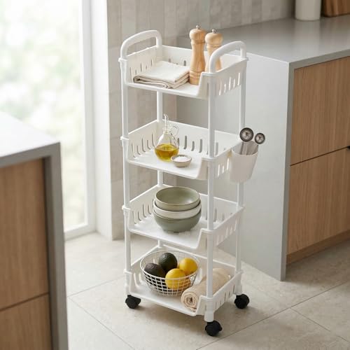 Image of Lukzer 4-Tier Plastic Rolling Storage Cart with Wheels | Multipurpose Utility Trolley Organizer with Basket Shelves & Side Holder & Hooks for Kitchen, Bathroom, Laundry & Office (White /26x34x103 cm)