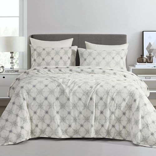 Elegant Comfort Luxuriously Soft 4-Piece Holiday Velvet Plush Flannel Sheet Set - Premium Quality - Cozy Warm, Christmas Fuzzy Velvet Flannel Fleece Deep Pocket Sheet Set - King, Beige Snowflake
