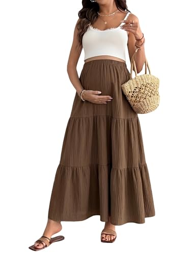 MakeMeChic Women's Maternity Maxi Skirt - High Elastic Waist Ruffle Long Skirt for Summer Beach Vacation, Brown, Medium