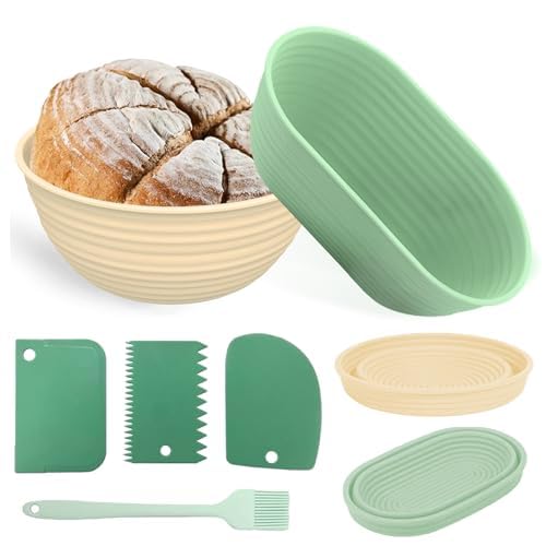 Set di 6 Cestino da Lievitazione per Pane, Cestino Lievitazione Pane 23.5 cm Rotondi e 26 cm Ovali, Ciotola Lievitazione con Raschietto Pasta E Pennello, Pieghevole, per Panetteria Professionale