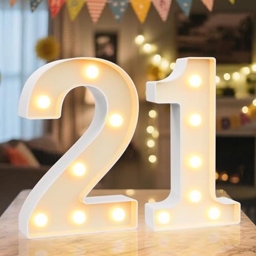 Ledido LED Light Up Marquee Numbers Sign - Cool & Warm Light up Numbers for 21st Birthday Decorations, LED Number Lights for Wedding Anniversary Grad Home Bedroom Table Wall Party Decor, Number 21