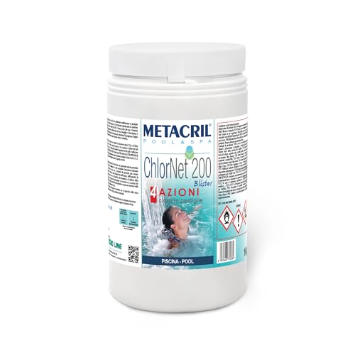 Metacril Chlore Piscine en pastilles de 200 g Multi-Action Blister + 1 Bonnet de Piscine Offert Chlornet 200 4 Actions 200 1 Kg