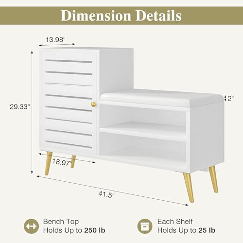 VECELO Shoe Storage Bench with Door&Shelf, Entryway Bench with Seat Cushion, for Hallway, Bedroom, Living Room, L-Shaped, Cool White - 1