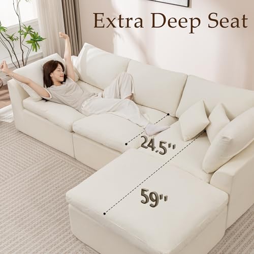 Korser 110" Cloud Sectional Couches for Living Room, Modern Modular Sectional Sofa with Ottoman, Boneless Cloud Couch with Comfy Deep Seats, Fluffy Chenille L-Shape Sofa Couch for Living Room, Beige - Image 2