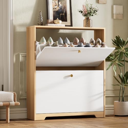 Nicetree Shoe Cabinet with 2 Flip Drawers, Narrow Shoe Organizer Cabinet, Freestanding Shoe Rack Cabinet, Modern Shoe Storage Cabinet for Entryway, Hallway, Foyer, Natural Oak and White