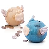 Unique Flying Pig Ceramic Piggy Bank For Kids Boys Girls Teens & Adults Savings (Blue)