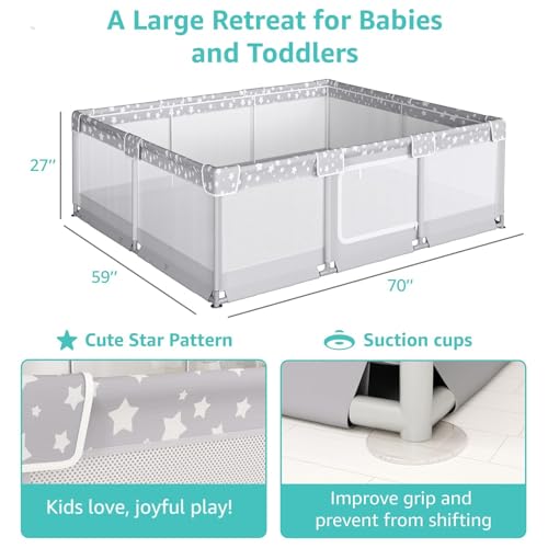 Image of Large Baby Playpen for Babies and Toddlers - 69x59in Giant Play Pen for Babies 6-12 Months Big Play Yard for Toddlers 1-3 Indoors Playyard Play Pens for Toddler Fence Bebes Pin Corrales para Grey