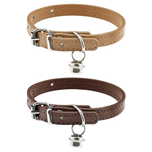 ECSiNG 2PCS Cat Collar with Bell PU Leather Comfortable Kitten Collars for 15~23cm Neck Size Adjustable Length Small Pets Supplies 1cm Width Coffee & Khaki