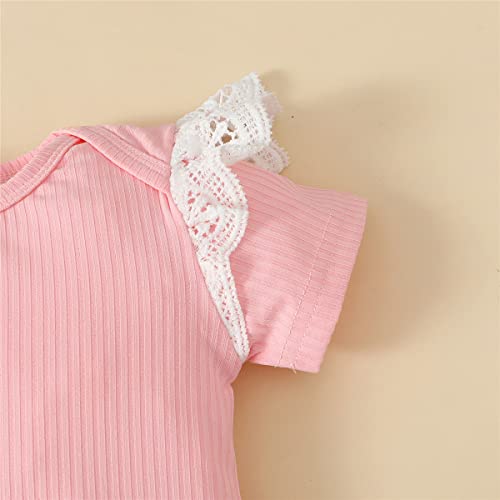Newborn Infant Baby Girls Clothes Ribbed Ruffled Lace Romper Flared Floral Pants Summer Outfits (Pink, 0-3 Months) #TOP5