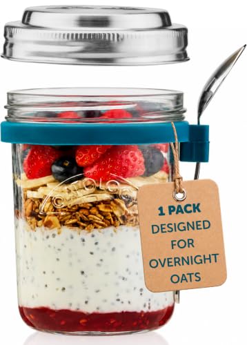 OATOLOGY Glass Overnight Oats Jar Container | Unique Leakproof Stainless Steel Lids Spoon Thick Glass | Breakfast Pots Mason Jars for Chia Pudding Granola Yoghurt Porridge Cereal On-the-Go | 1 pack