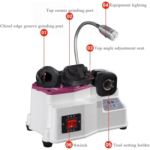 Szlifierka do dłut, 600 W, uniwersalna stacja szlifierska ze światłem LED, regulowana regulacja narzędzi do precyzyjnego wiercenia 3-20 mm, kąt 90° do 140°