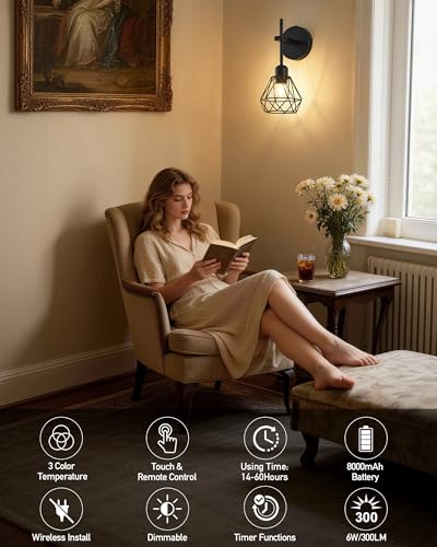 Bailoch Black Hollow Wireless Battery Operated Wall Sconces Set of 2, 8000mAh Rechargeable Dimmable Wall Light with Remote, Cordless Battery Powered Lamp Decor Fixture for Bedroom Living Room Hallway — view 5