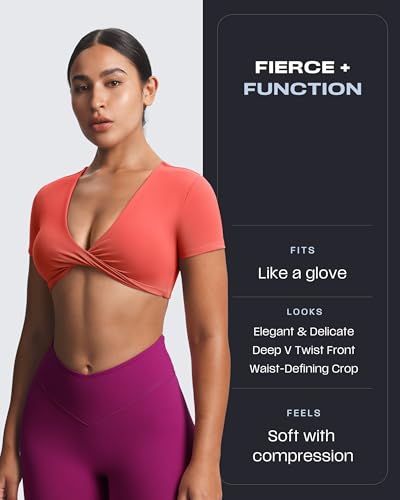 Image of Aoxjox Short Sleeve Crop Tops for Women Sienna Twist Deep V Workout Cropped T Shirt Top
