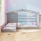 BECOMFORT L Shaped Twin Beds for 2 Kids, House Wood Montessori Platform Bed Frame w/Window & Roof, Fence & Slat, Corner Kids Double Bed for Dorm Bedroom Boys Girls Teens, No Box Spring Needed (Gray)
