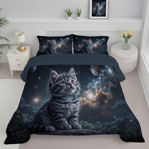 JEDTAKCT Edredón Nórdico Gato Lindo Estampado Cama 105, Edredón De Galaxia De Fantasía Reversible Transpirable Tacto Pluma, 240X220Cm, Acolchado Suave para Otoño Invierno, Gris Carbón