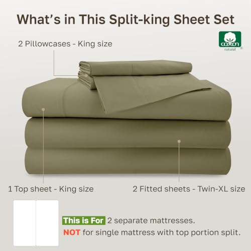 Image of California Design Den 100% Cotton Sateen Split King Sheets Set, 5 Pcs | 500 Thread Count with Good Housekeeping Seal, Split King Sheets Sets for Adjustable Bed with 2 Separate Twin-XL Mattresses