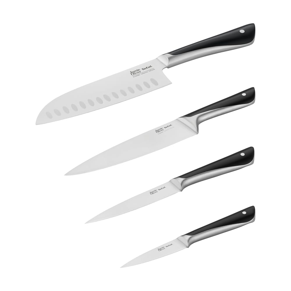 Tefal Jamie Oliver K267S456 - Set di 4 coltelli da cucina Santoku Chef Utility, lame affilate in acciaio inox tedesco, resistenti, manici ergonomici, colore nero