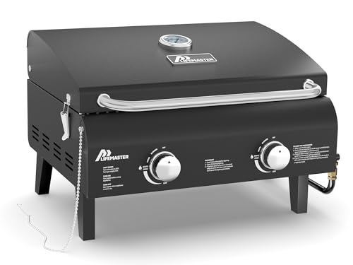 Black Portable Gas Grill, Dual 10,000 BTU Burners, 275 Sq.In Cooking Space, Push-to-Start Ignition, Wind-Proof Lid with Built-in Thermometer, Perfect for Camping Tailgates & Backyard BBQ Cookouts by Lifemaster - Used condition - US$160.44