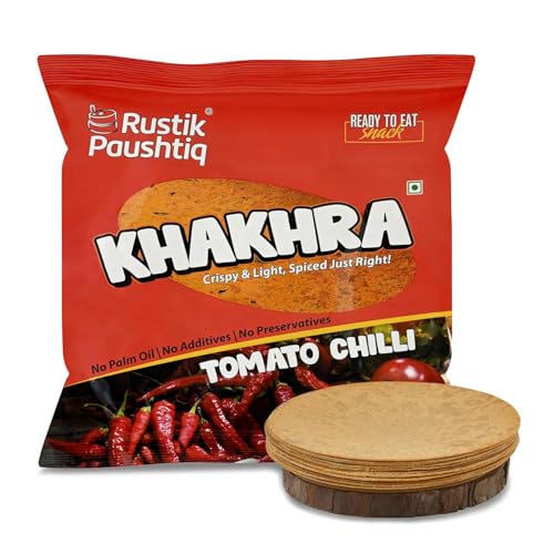 Image of RUSTIK PAUSHTIK Baked Khakhra Combo Pack - 200g x 4 Packets | 2 Tomato Chilli & 2 Coriander Flavour | Roasted Gujarati Snack | High Fiber Diet Snack | No Palm Oil | Ready to Eat Tea Time Snack | 800g