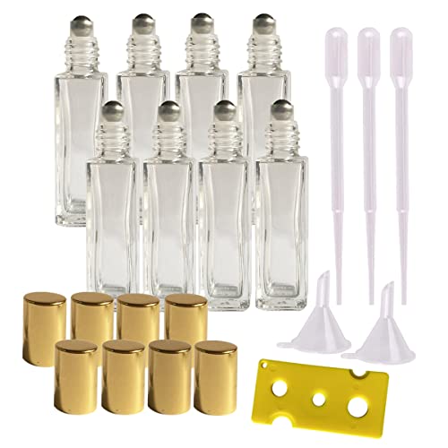 8PCS 10ml Roller Bottles for Essential Oil, Thick Glass Roller Bottles Stainless Steel Roller Ball Refillable Perfume Bottles with 1 Opener, 2 Funnels, 3 Dropper