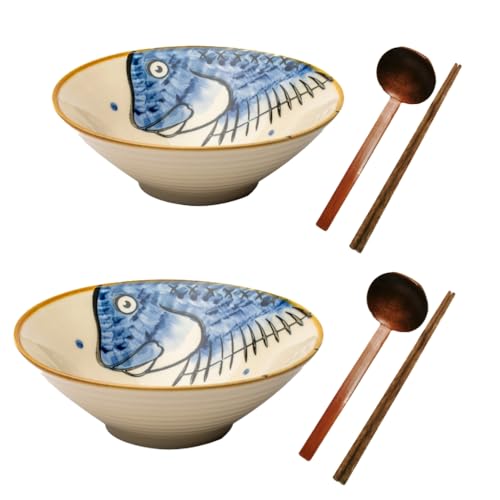 Ciotola giapponese in ceramica per ramen e noodles, per zuppe Pho Udon Soba, insalata, snack, cereali, con cucchiai e bacchette, 900 ml, set regalo (pesce blu) Ciotola giapponese in ceramica per ramen e noodles, per zuppe Pho Udon Soba, insalata, snack, cereali, con cucchiai e bacchette, 900 ml, set regalo (pesce blu)