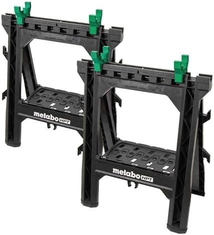 Metabo HPT Folding Sawhorses, 2-Pack, Lightweight Design, 1,200 lbs Capacity, Includes 4 Sawbucks, Ideal for Extra Workstations, Non-Skid Feet for Stability, Built-in Shelf and Cord Hooks, 115772M