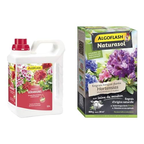 Algoflash Engrais Géraniums et Toutes Fleurs de Balcon, Bouchon Doseur Inclus, 2,5 L, ALIBAC2500N & ALGOFLASH NATURASOL Engrais Hortensias, Rhododendrons et Azalées, Longue durée 5 mois, Jusqu'à 20 m²