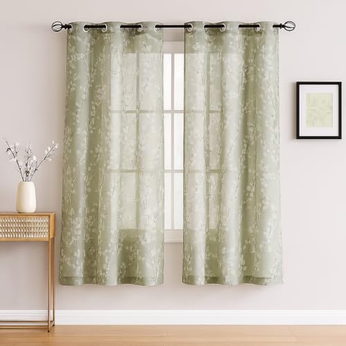 Image of BFAM Sheer Curtain with Floral Print, Premium Printed Sheer Drapes, Eyelet /Grommet Curtain for Living Room, Bedroom, Light Filtering Curtains, Green Floral 5 Feet,Pack of 1 Curtain