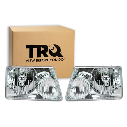Image of TRQ 2 Piece Headlight Assembly Set Chrome Bezel Driver & Passenger Side Compatible with Ford Ranger 2001-2011 FO2502173 FO2503173 6L5Z13008AA 6L5Z13008BA