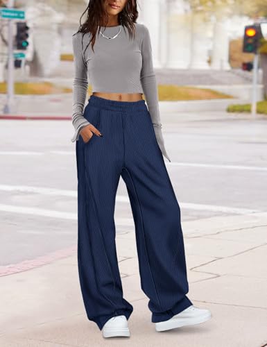 YESNO Women's Corduroy Casual Baggy Pants Elastic Waist Wide Leg Trousers with Pockets PCB3