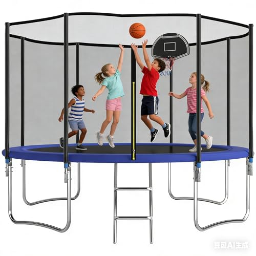 Trampoline d'extérieur, diamètre 305/366 cm, trampoline d'extérieur pour enfants et adultes, trampoline de loisirs avec panier de basket, échelle et...