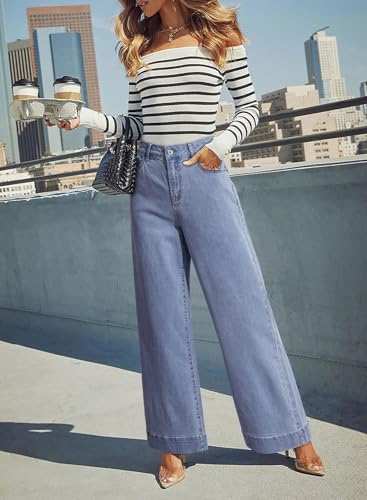 Image of Dokotoo Women's Casual High Waisted Jeans Stretch Wide Leg Loose Denim Pant