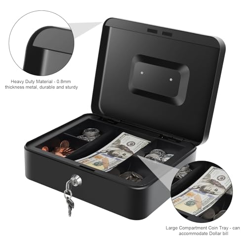 Cash Box with Money Tray - Large Money Box with Lock, Metal Safe Box for Money 9.84" x 7.87" x 3.54" Black - Thumbnail 5