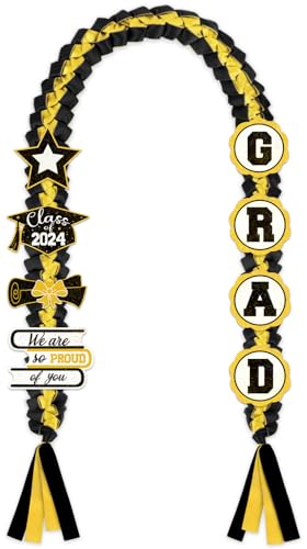 Graduation-Leis-Class-of-2024-Decorations-Handmade-Double-Braided-Graduation-Necklace-Ribbon-Leis-with-Glitter-Pins-for-Him-Her-High-School-College-Congrats-Grad-Gifts-Party-Supplies-Black-Gold