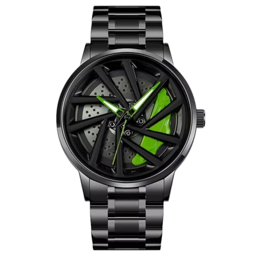 Image of HORAME 42mm Car Alloy Wheel Watch for Men, Gyro Wheel Rolling Watch for Men with Black Steel Chain, 30M Waterproof Round Metal Rim Rotating Watches, Analog RS7 Spinning Car Watches for Boys
